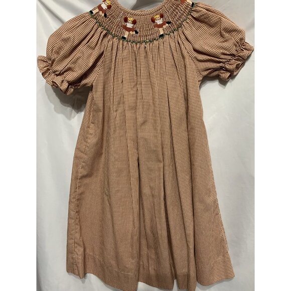 Child's Silly Goose Dress 4T Hand Smocked Brown Gingham Cheerleader Design - Picture 1 of 7